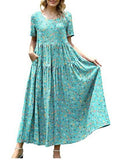 Women Floral Long Dress Short Sleeve Polyester Picture color 19 XS