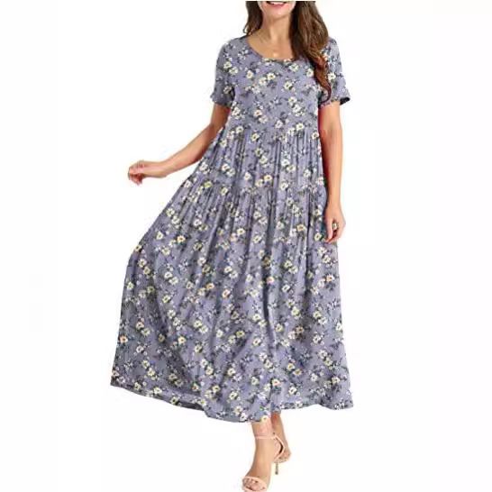 Women Floral Long Dress Short Sleeve Polyester Picture color 20 XXXL