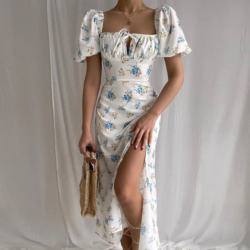 Hongyi Floral Long Dress Summer 2026 New White Blue Big Flower 3XL