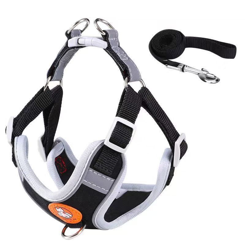 Dog Harness Reflective Leash Small Medium Dogs Black [chest and back] + flat rope M (recommended 10-15kg )