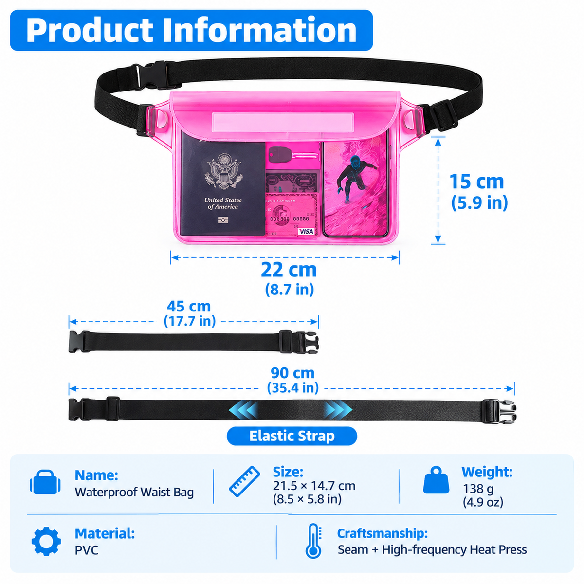 Waterproof PVC Waist Bag with Touchscreen Compatible Pouch for Skiing, Surfing, Diving, Beach Trips, Kayaking and Outdoor Snow Sports, Keeping Phone, Cards, Keys and Cash Dry and Secure (Blue)