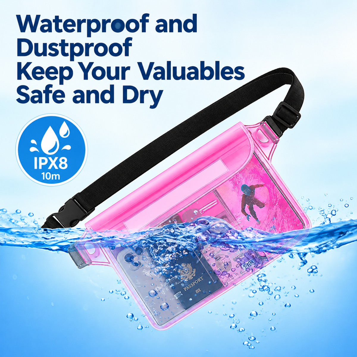 Waterproof PVC Waist Bag with Touchscreen Compatible Pouch for Skiing, Surfing, Diving, Beach Trips, Kayaking and Outdoor Snow Sports, Keeping Phone, Cards, Keys and Cash Dry and Secure (Mint)