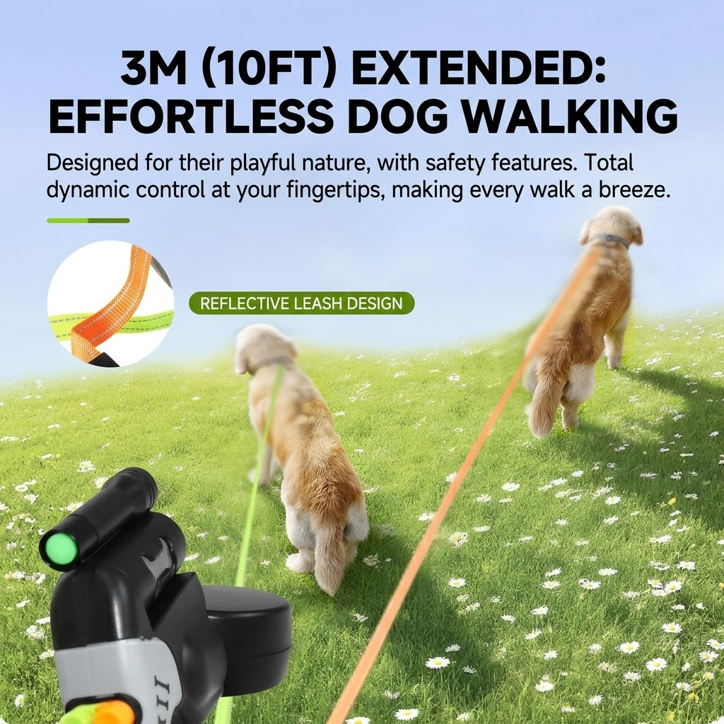 Dual-Head Retractable Dog Leash with LED Flashlight, Waste Bag Dispenser, 360° Tangle-Free Control & Reflective Webbing – Black