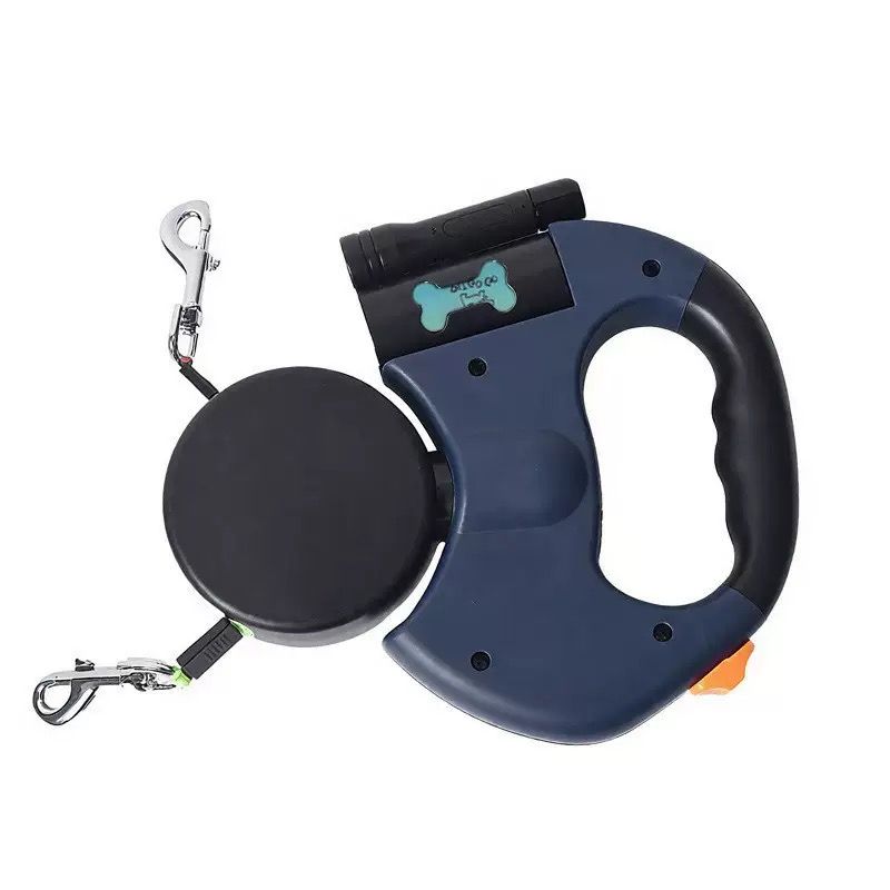 Dual-Head Retractable Dog Leash with LED Flashlight, Waste Bag Dispenser, 360° Tangle-Free Control & Reflective Webbing – Black