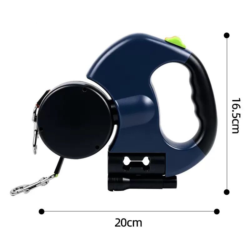 Dual-Head Retractable Dog Leash with LED Flashlight, Waste Bag Dispenser, 360° Tangle-Free Control & Reflective Webbing – Navy
