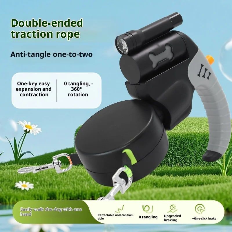 Dual-Head Retractable Dog Leash with LED Flashlight, Waste Bag Dispenser, 360° Tangle-Free Control & Reflective Webbing – Navy