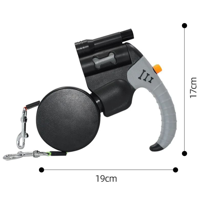 Dual-Head Retractable Dog Leash with LED Flashlight, Waste Bag Dispenser, 360° Tangle-Free Control & Reflective Webbing – Navy