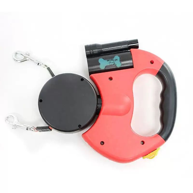 Dual-Head Retractable Dog Leash with LED Flashlight, Waste Bag Dispenser, 360° Tangle-Free Control & Reflective Webbing – Red