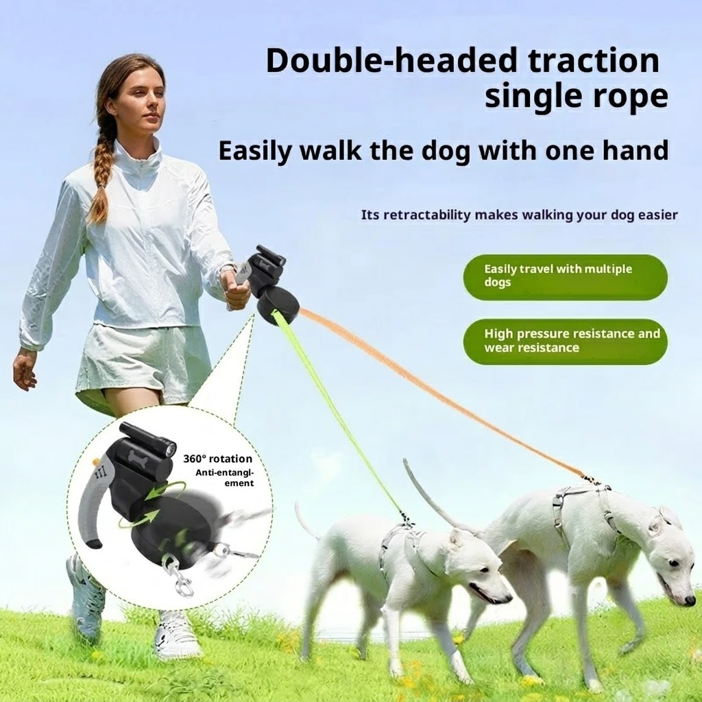 Dual-Head Retractable Dog Leash with LED Flashlight, Waste Bag Dispenser, 360° Tangle-Free Control & Reflective Webbing – Black-Gray