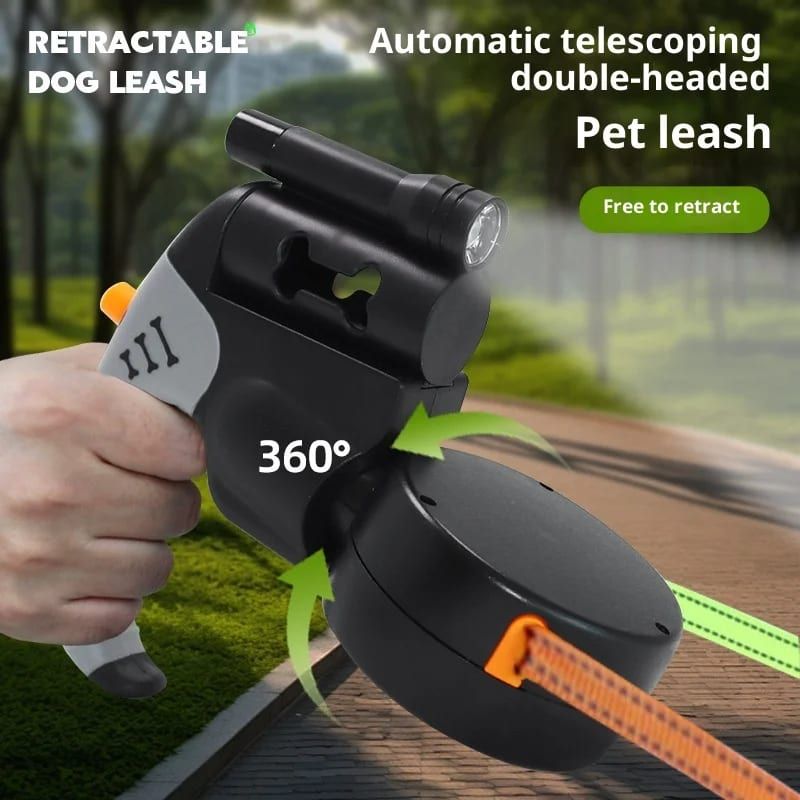 Dual-Head Retractable Dog Leash with LED Flashlight, Waste Bag Dispenser, 360° Tangle-Free Control & Reflective Webbing – Blue-Gray