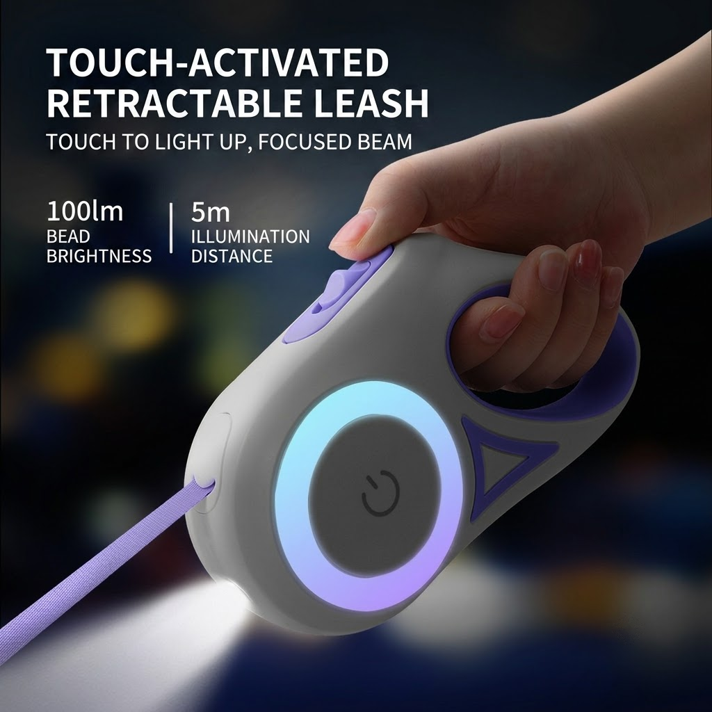 Illuminated Retractable Dog Leash with Touch-Control Brake, RGB Light & Anti-Slip Handle – Orange, 5M (16.4ft)