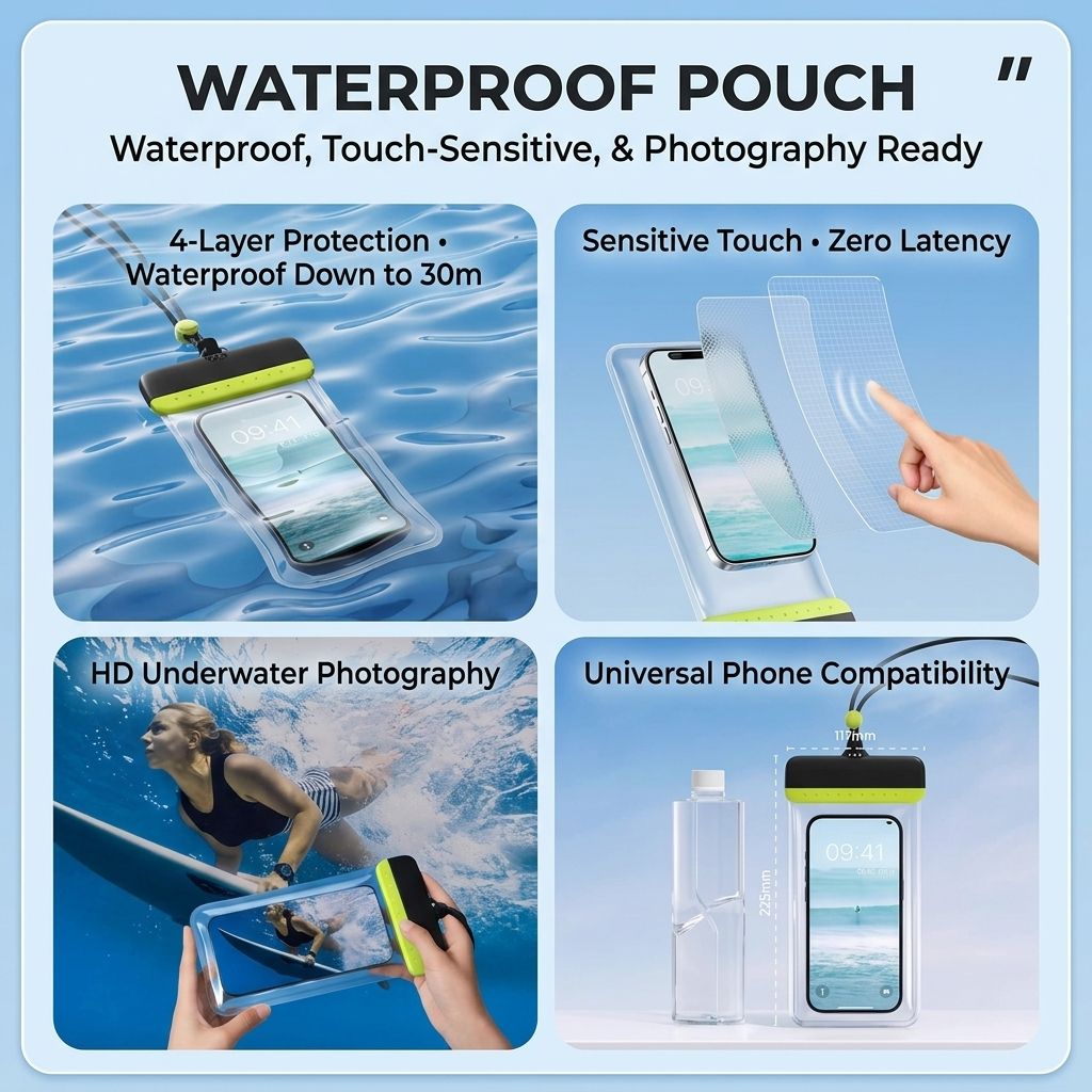 Waterproof Phone Pouch with Adjustable Lanyard, Touch-Sensitive Transparent Dry Bag for Swimming, Diving, Surfing, Hot Springs and Water Park Activities, Fits Most Smartphones (Pink)
