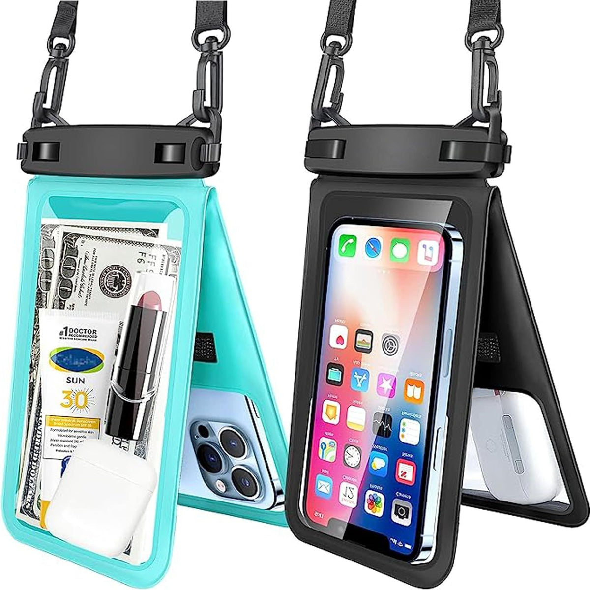 Waterproof Phone Pouch Dual Compartment IPX8 Floating Dry Bag with Adjustable Lanyard for Beach Swimming Snorkeling Surfing Boating Kayaking and Outdoor Water Sports (M, Black)