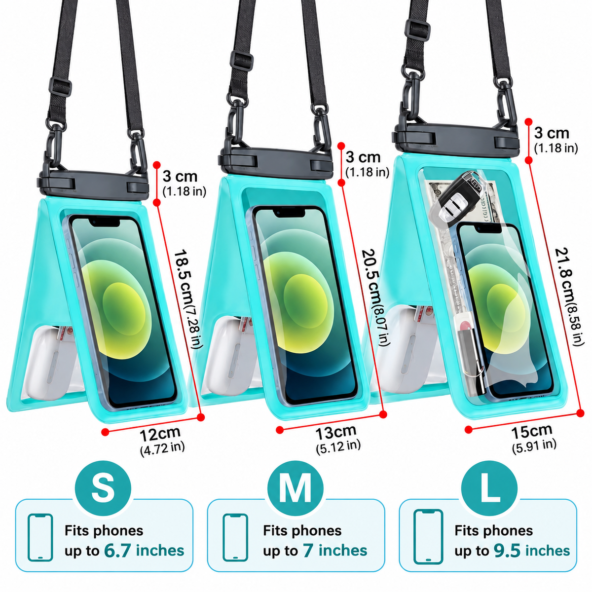 Waterproof Phone Pouch Dual Compartment IPX8 Floating Dry Bag with Adjustable Lanyard for Beach Swimming Snorkeling Surfing Boating Kayaking and Outdoor Water Sports (S, Mint)