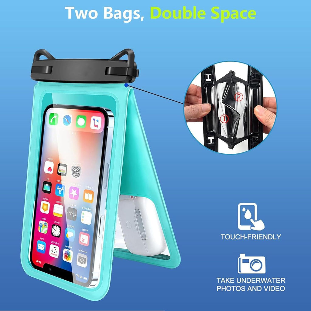 Waterproof Phone Pouch Dual Compartment IPX8 Floating Dry Bag with Adjustable Lanyard for Beach Swimming Snorkeling Surfing Boating Kayaking and Outdoor Water Sports (S, Mint)