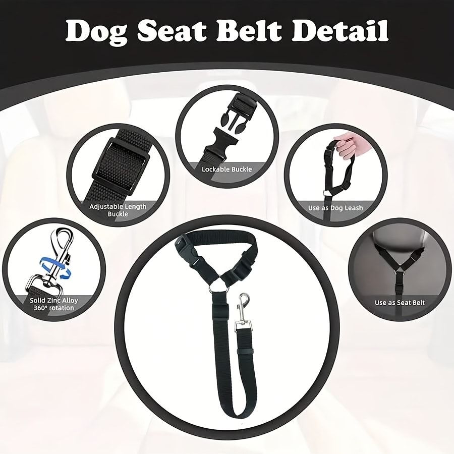 Adjustable Dog Car Seat Belt with Zinc Alloy Hook – Pet Vehicle Safety Restraint for Small to Large Dogs, Black