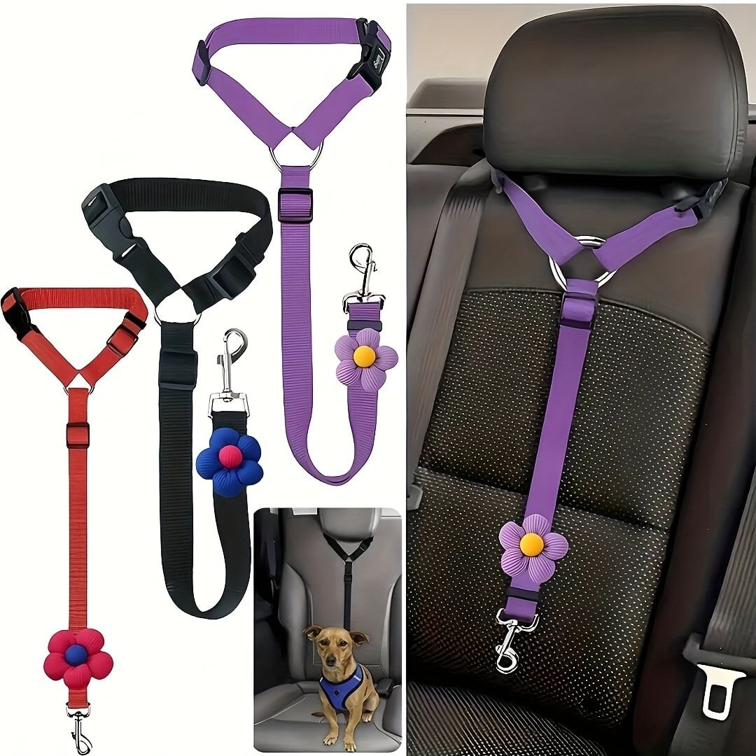 Adjustable Dog Car Seat Belt with Zinc Alloy Hook – Pet Vehicle Safety Restraint for Small to Large Dogs, Purple