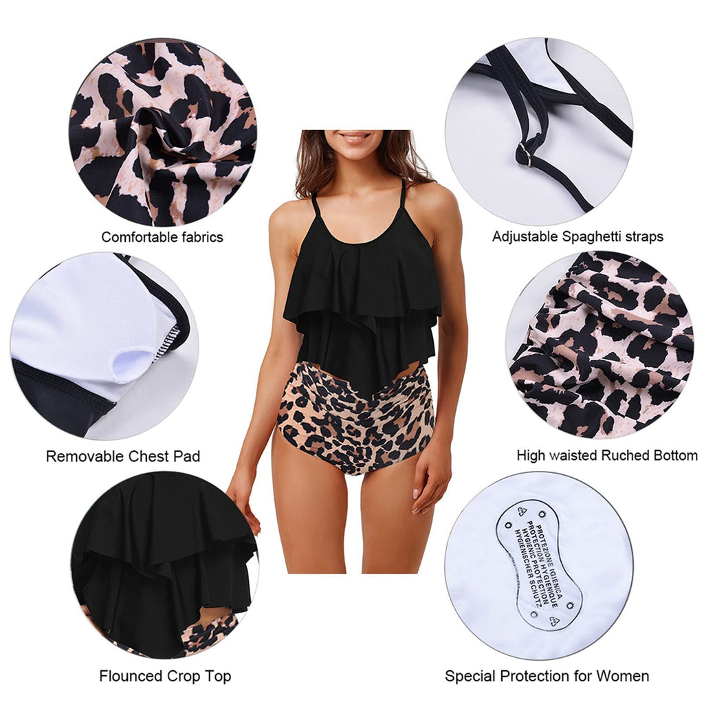 Two-piece tankini swimsuit with ruffled design, perfect for beach, poolside and summer water activities, M (black)