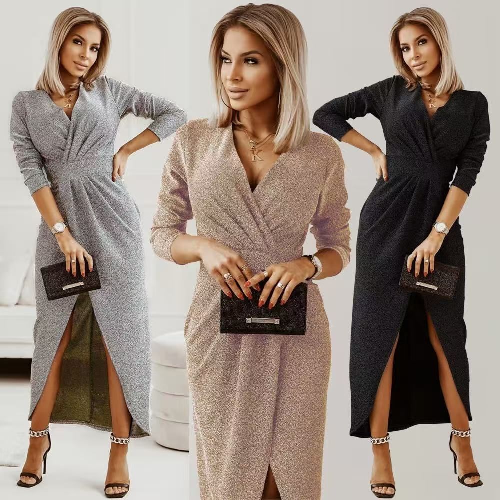 Long Sleeve Dress V-Neck Dress Wrap Maxi Dress Women'S Maxi Dress Evening Dress - Gold - Size L