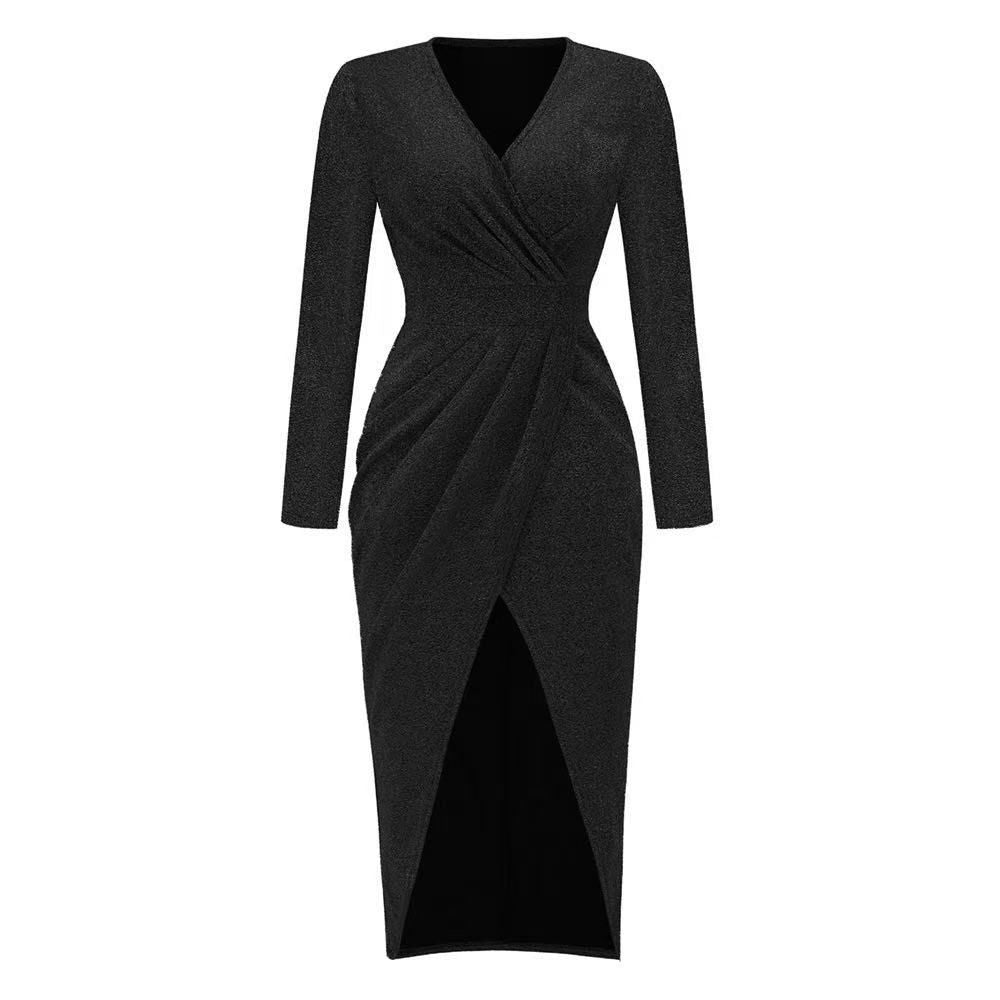 Long Sleeve Dress V-Neck Dress Wrap Maxi Dress Women'S Maxi Dress Evening Dress - Gold - Size L