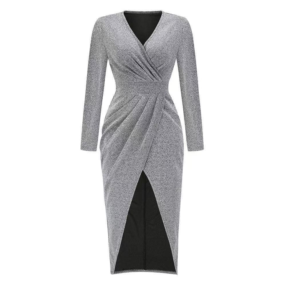 Long Sleeve Dress V-Neck Dress Wrap Maxi Dress Women'S Maxi Dress Evening Dress - Gold - Size L
