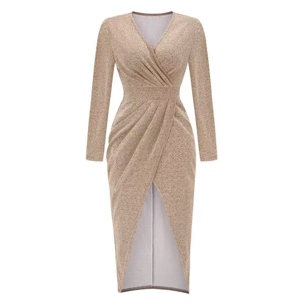 Long Sleeve Dress V-Neck Dress Wrap Maxi Dress Women'S Maxi Dress Evening Dress - Gold - Size S