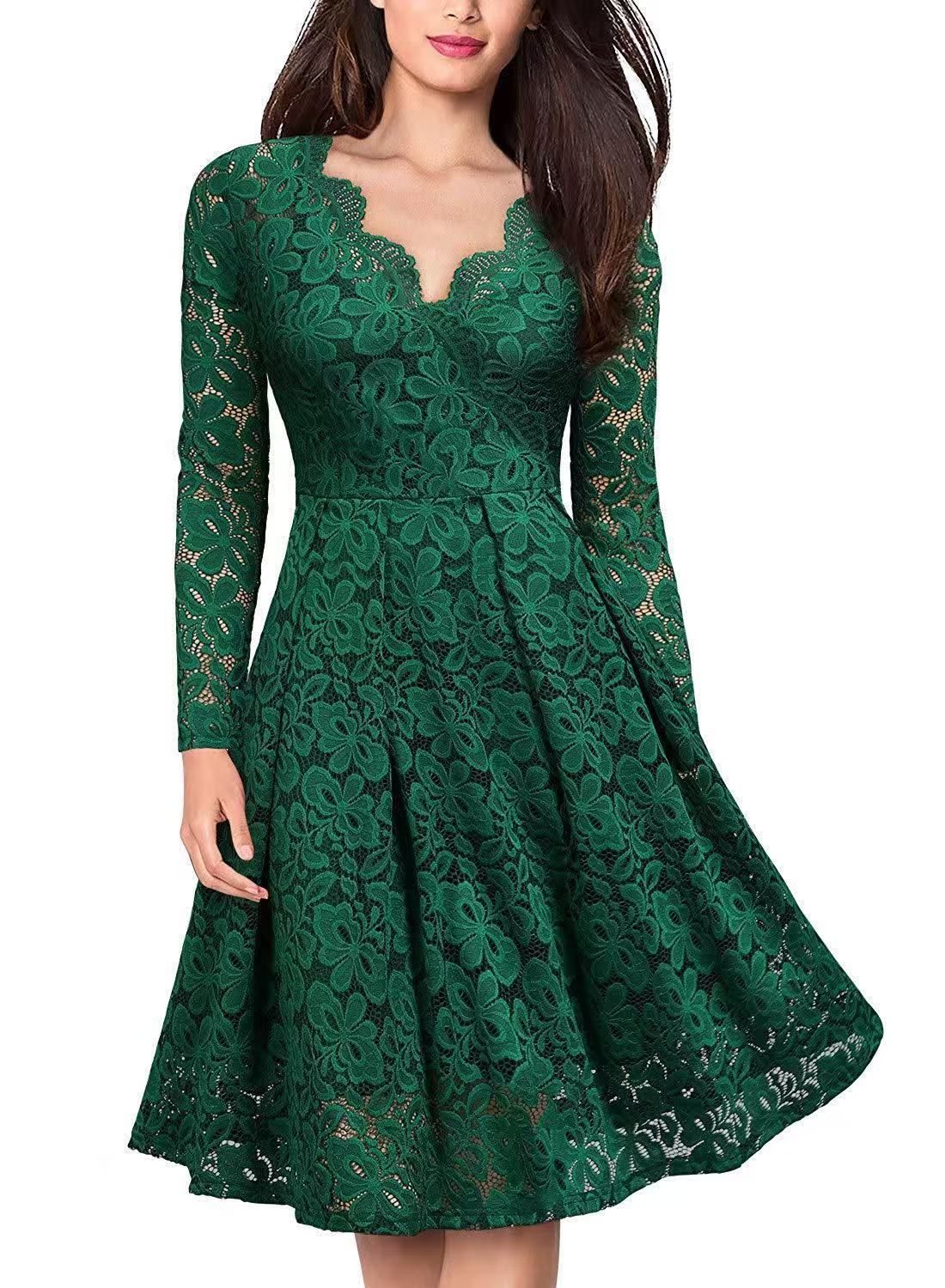Long Sleeve Lace Dress V-Neck Dress Flared Dress Women'S Formal Dress Elegant - Dark blue - Size M