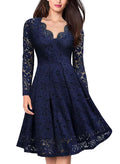 Long Sleeve Lace Dress V-Neck Dress Flared Dress Women'S Formal Dress Elegant - Dark blue - Size XL