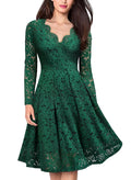 Long Sleeve Lace Dress V-Neck Dress Flared Dress Women'S Formal Dress Elegant - Green - Size S