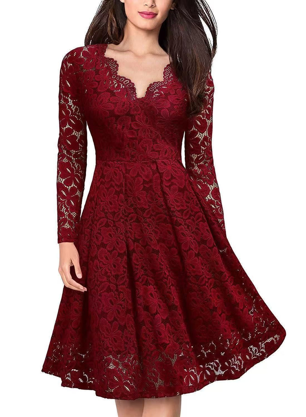 Long Sleeve Lace Dress V-Neck Dress Flared Dress Women'S Formal Dress Elegant - Green - Size XXXL