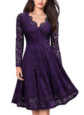 Long Sleeve Lace Dress V-Neck Dress Flared Dress Women'S Formal Dress Elegant - Purple - Size XL