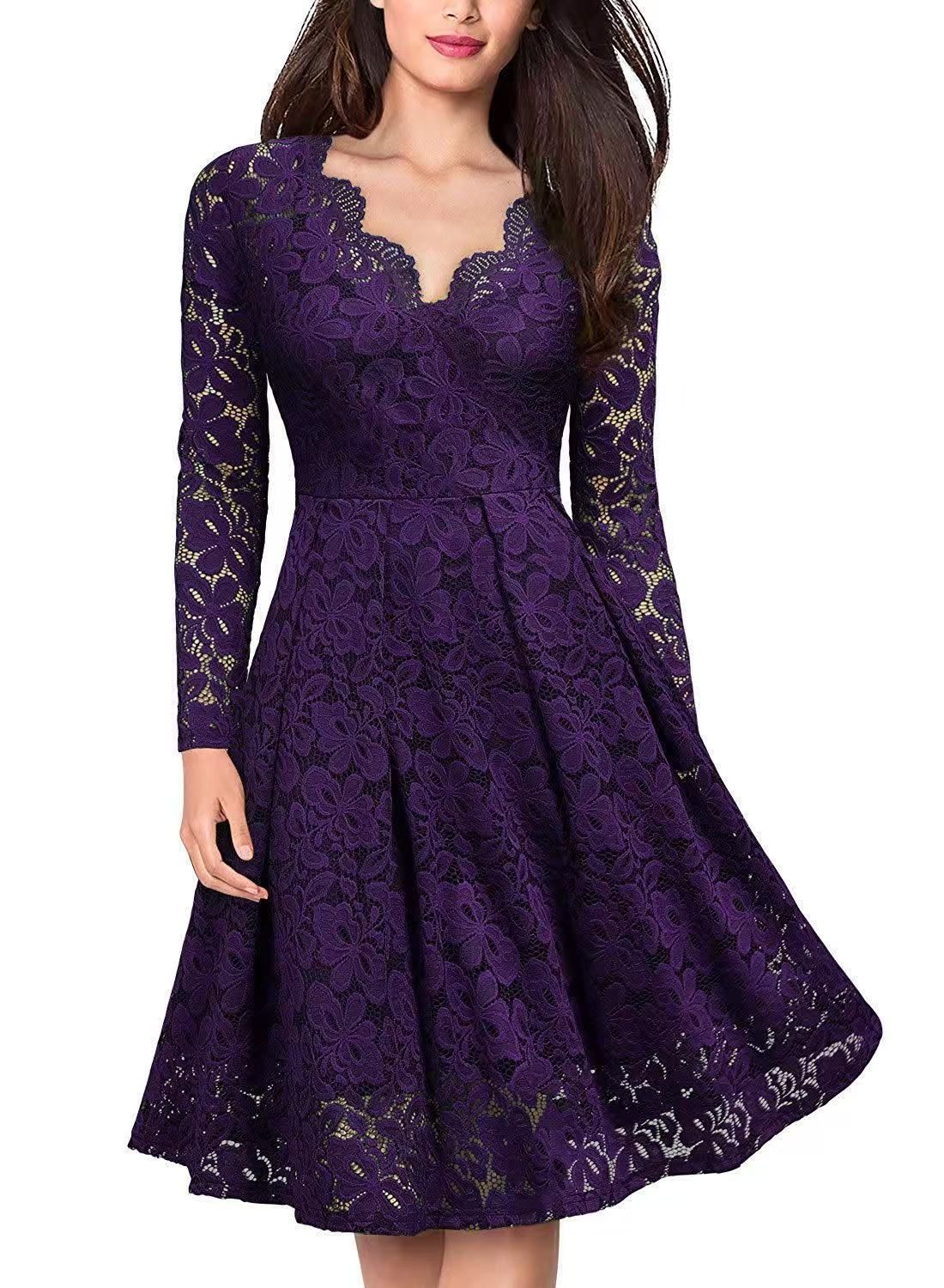 Long Sleeve Lace Dress V-Neck Dress Flared Dress Women'S Formal Dress Elegant - Red - Size L