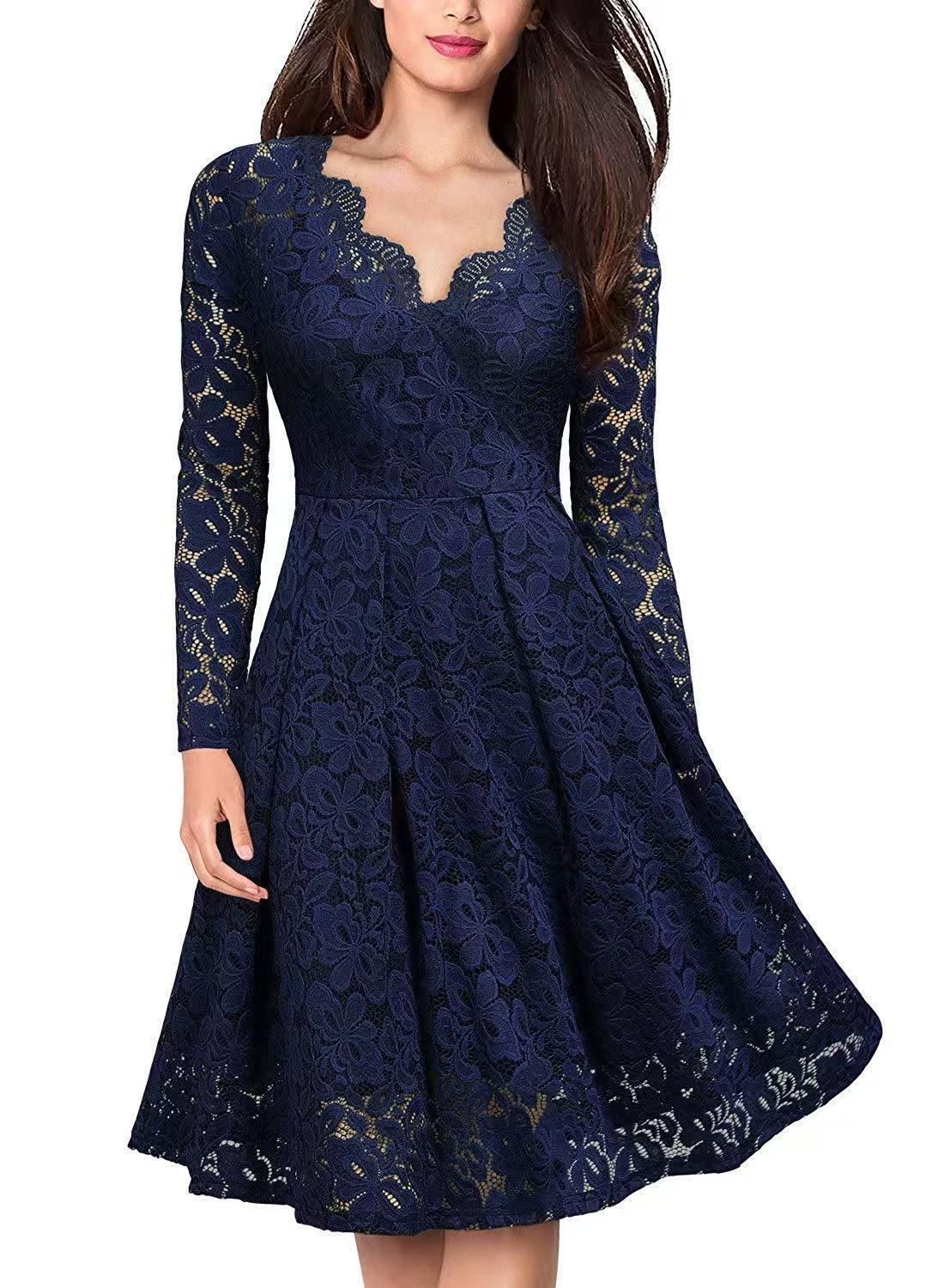 Long Sleeve Lace Dress V-Neck Dress Flared Dress Women'S Formal Dress Elegant - Red - Size L