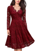 Long Sleeve Lace Dress V-Neck Dress Flared Dress Women'S Formal Dress Elegant - Red - Size XXL