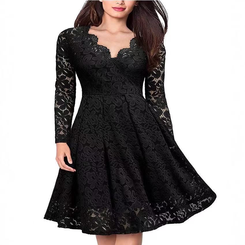 Long Sleeve Lace Dress V-Neck Dress Flared Dress Women'S Formal Dress Elegant - Red - Size XXL