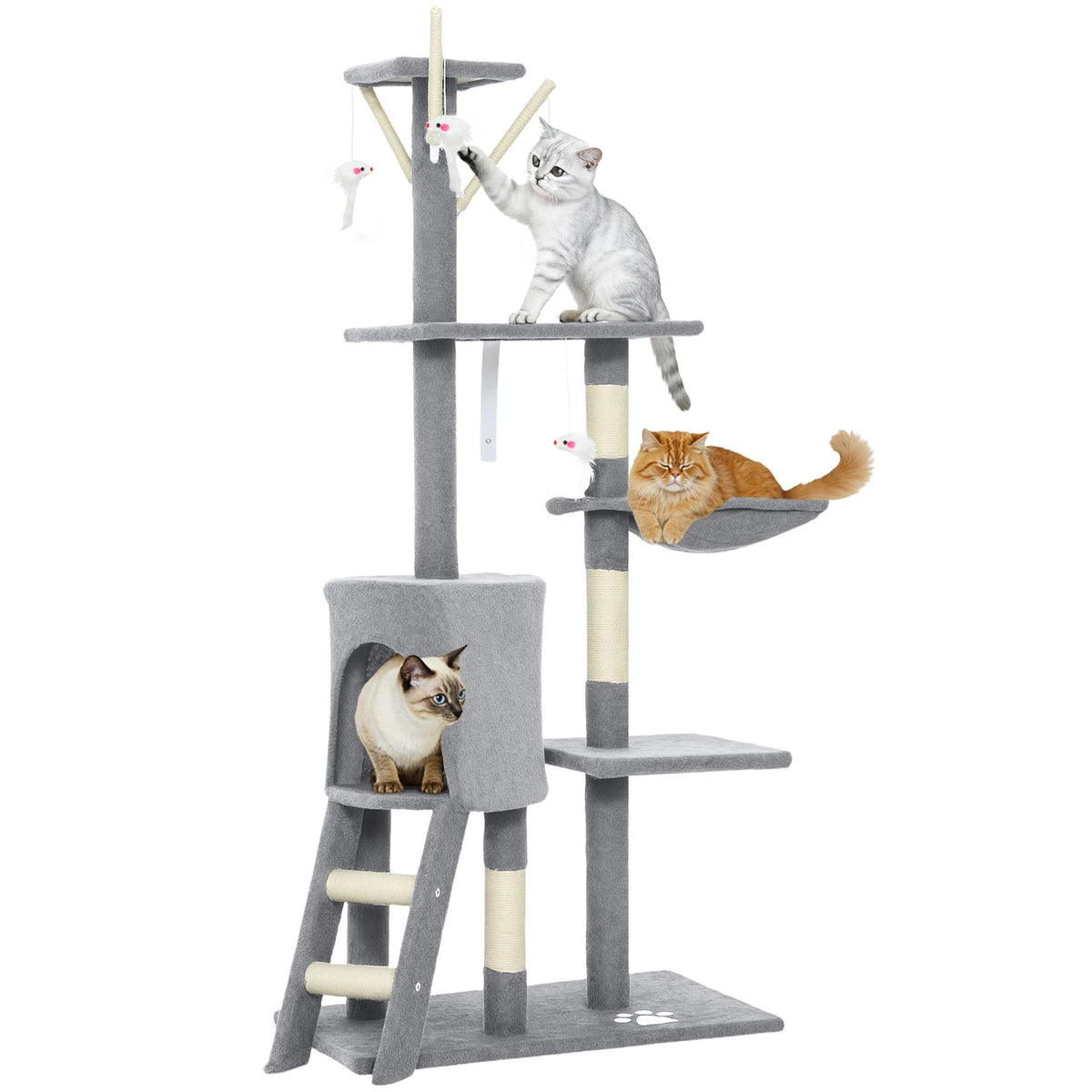 CARLA HOME 134cm Cat Tree for Indoor Cats with Hammock, Plush Perch & Sisal Scratching Posts for Kittens & Adult Cats (Light Grey)