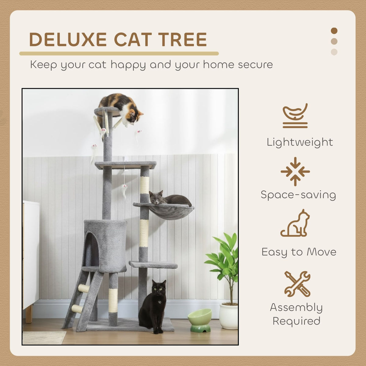 CARLA HOME 134cm Cat Tree for Indoor Cats with Hammock, Plush Perch & Sisal Scratching Posts for Kittens & Adult Cats (Light Grey)