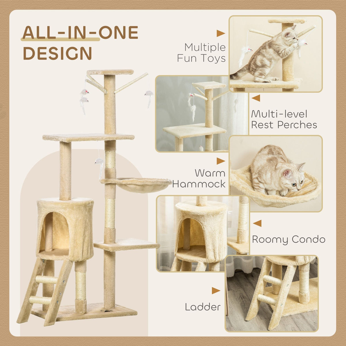 CARLA HOME 134cm Cat Tree for Indoor Cats with Hammock, Plush Perch & Sisal Scratching Posts for Kittens & Adult Cats (Beige)