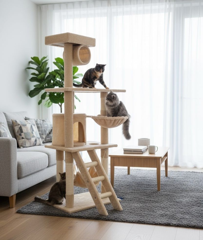CARLA HOME 141cm Cat Tree Tower for Indoor Cats with Plush Perch, Ladder, Sisal Scratching Posts, Hammock & Condo for Kittens & Adult Cats (Beige)
