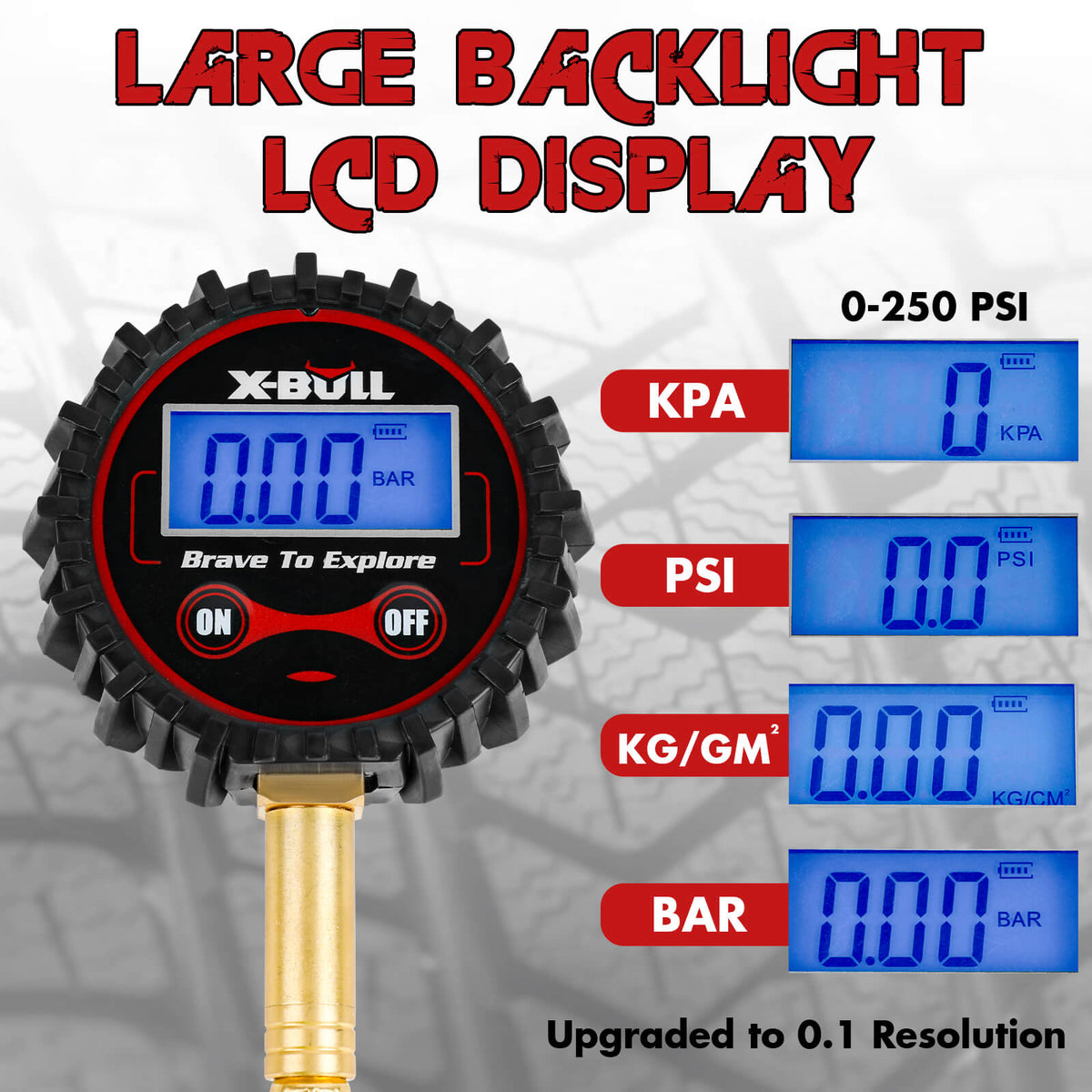 X-BULL Digital tire pressure gauge 250PSI Tyre Air Pressure Car Motorcycle LED