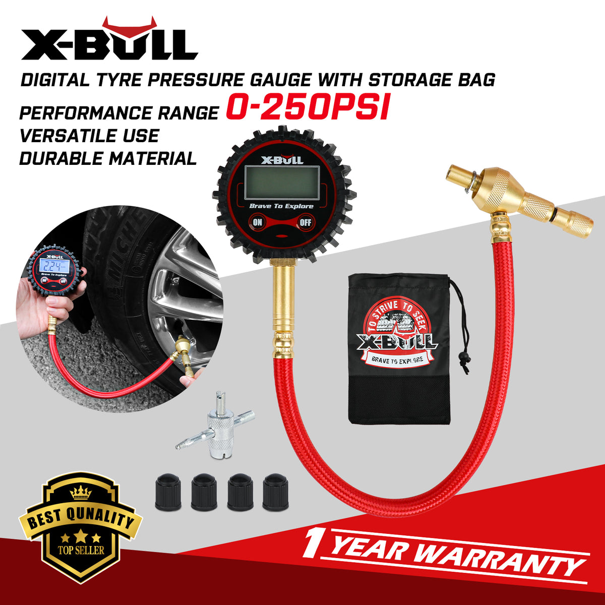 X-BULL Digital tire pressure gauge 250PSI Tyre Air Pressure Car Motorcycle LED