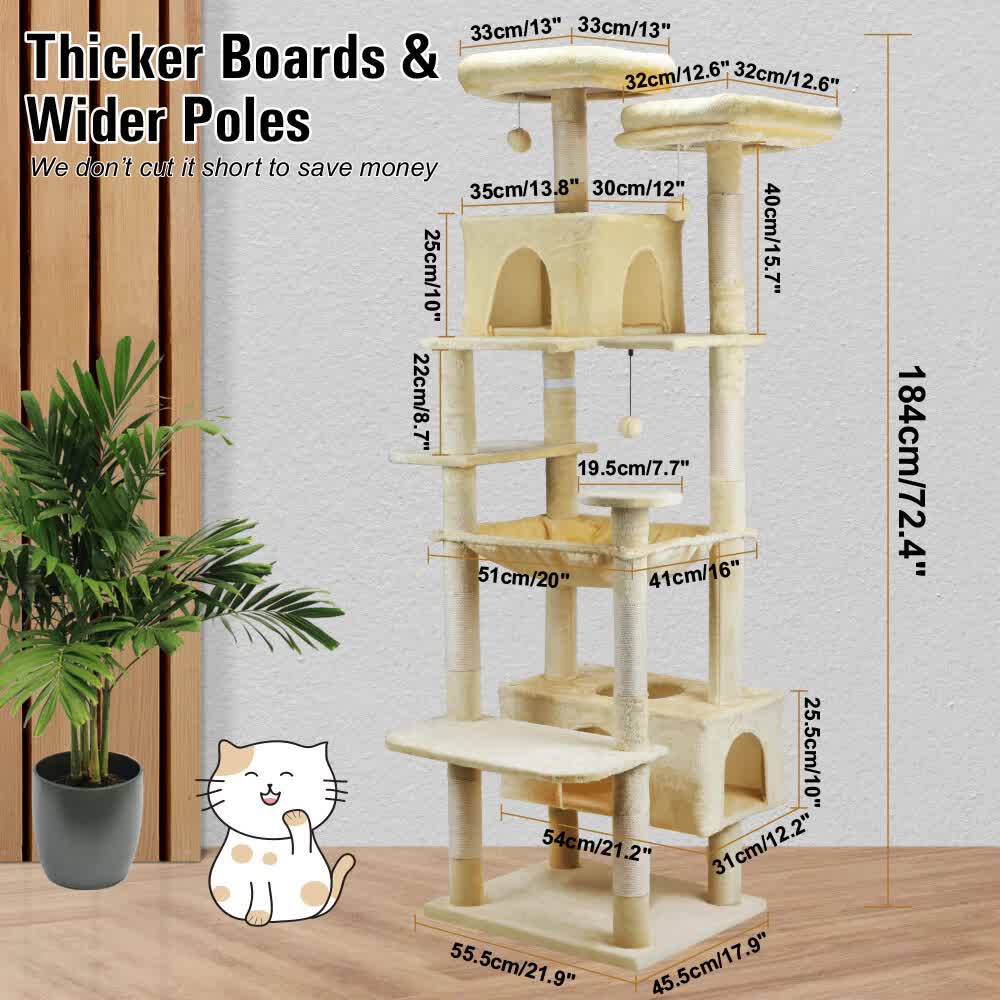 VaKa 184cm Road Cat Tree Tower Scratching Post Scratcher Condo with Big Hammock