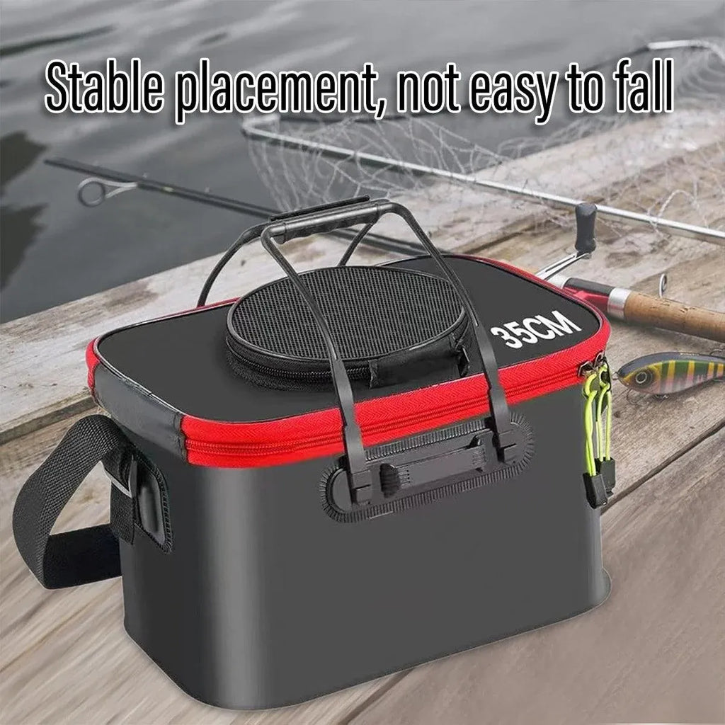 Portable Folding EVA Fishing Bucket Multi Use Live Fish Container with Strap - Black-35cm