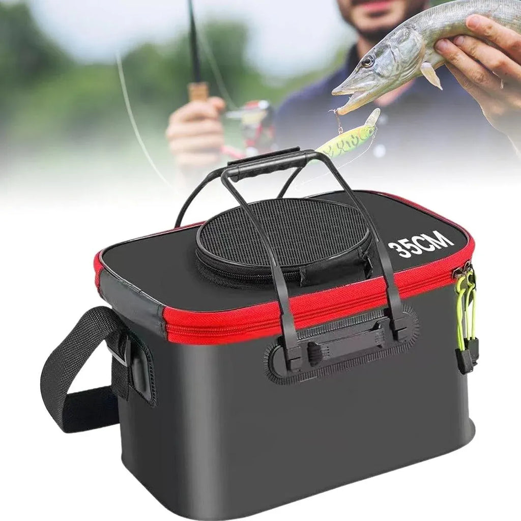 Portable Folding EVA Fishing Bucket Multi Use Live Fish Container with Strap - Black-35cm