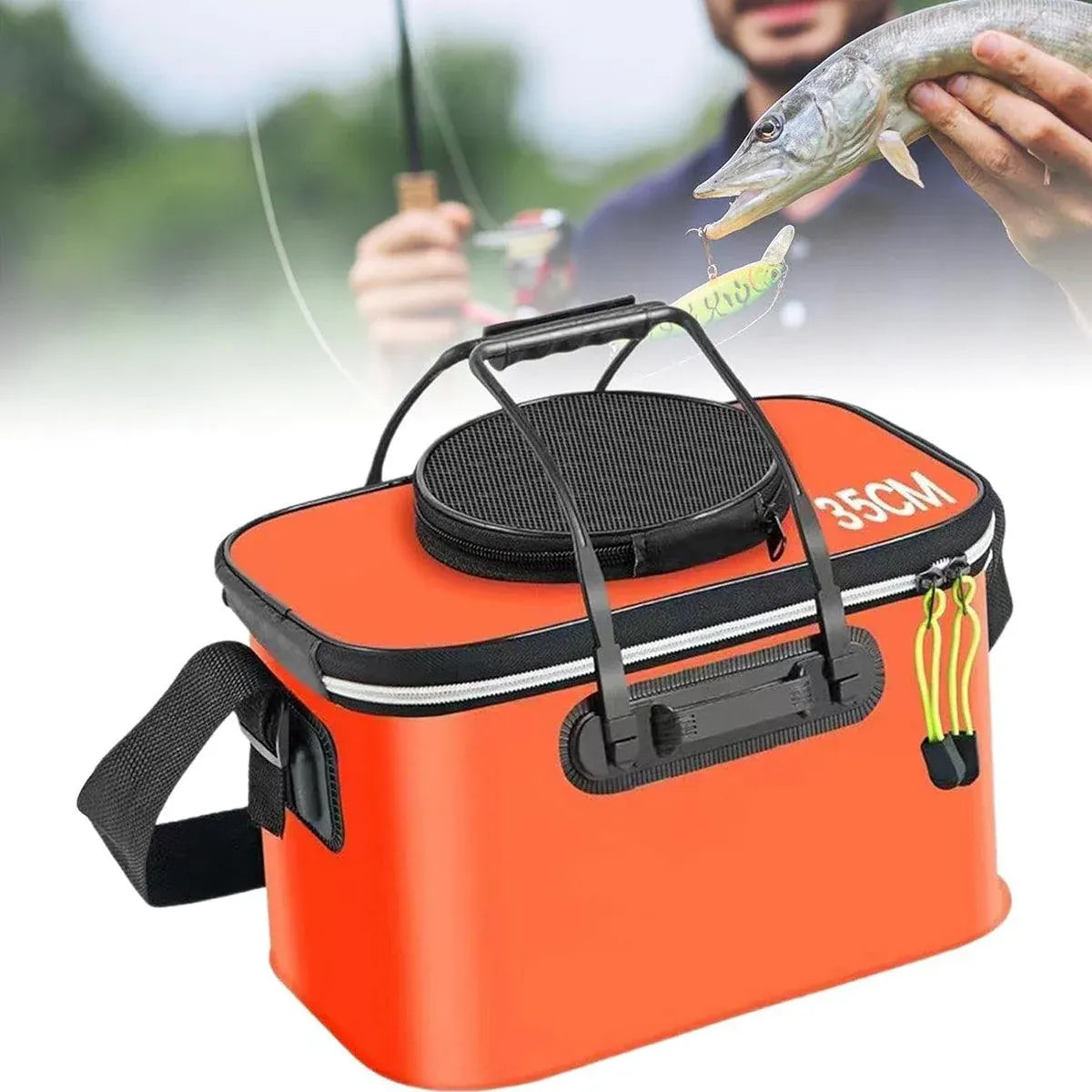 Portable Folding EVA Fishing Bucket Multi Use Live Fish Container with Strap - Black-35cm
