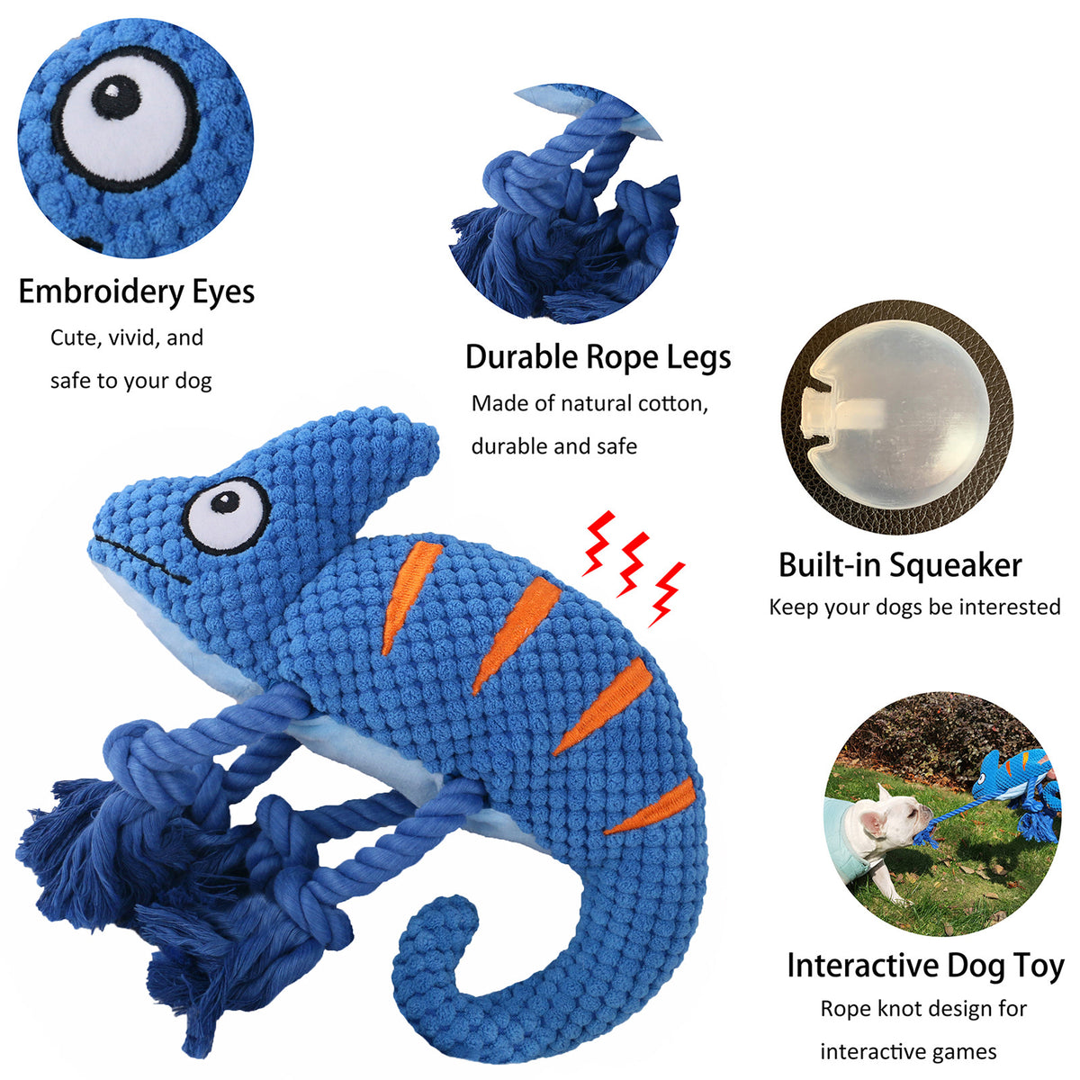 2-Piece Red Plush Chameleon Dog Toys with Squeaker & Rope Legs – Durable Washable Chew Toys with Teeth-Cleaning Texture, 10.2in