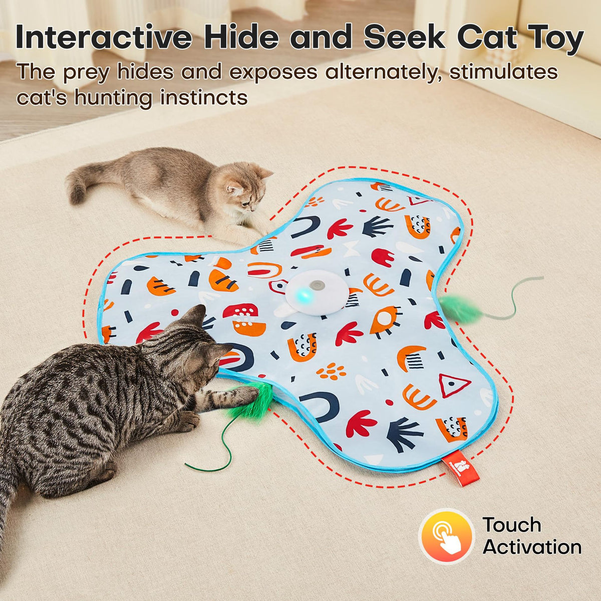 Green Rechargeable Interactive Cat Toy with Moving Concealed Feathers & Squeaky Mouse – Touch Activated Exercise Toy