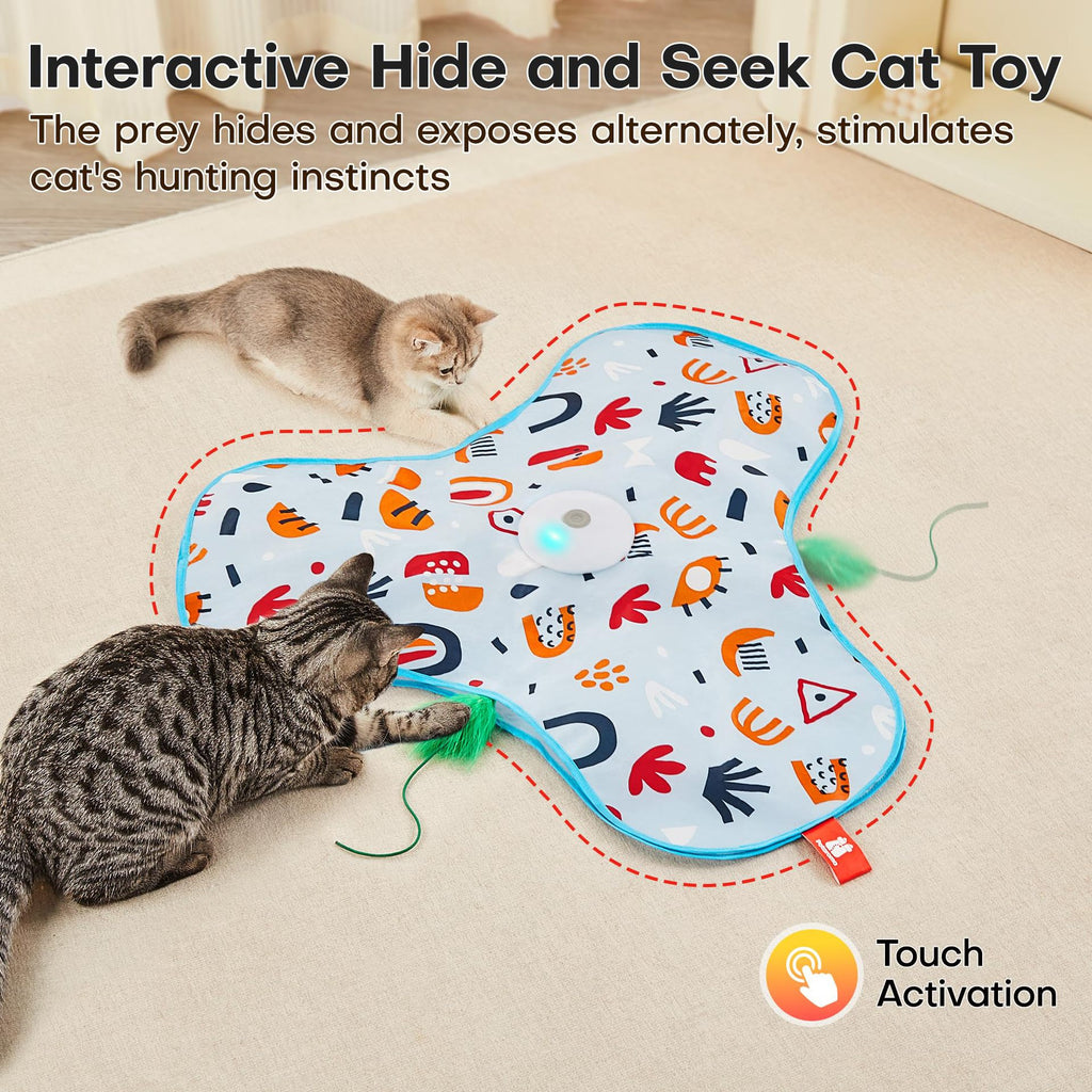 Blue Rechargeable Interactive Cat Toy with Moving Concealed Feathers & Squeaky Mouse – Touch Activated Exercise Toy