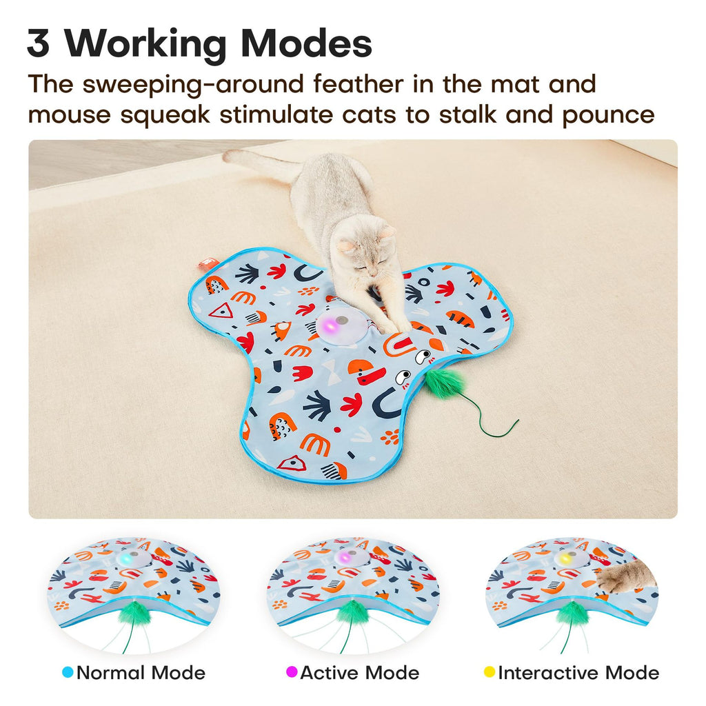 Blue Rechargeable Interactive Cat Toy with Moving Concealed Feathers & Squeaky Mouse – Touch Activated Exercise Toy