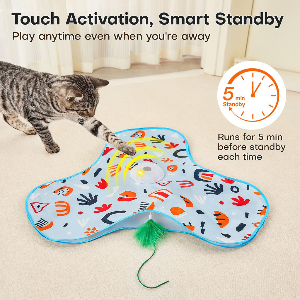 Blue Rechargeable Interactive Cat Toy with Moving Concealed Feathers & Squeaky Mouse – Touch Activated Exercise Toy